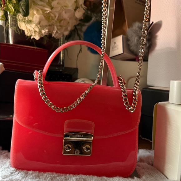 Furla Glossy Red Mini Metropolis Candy Bag with Chain - Picture 1 of 13